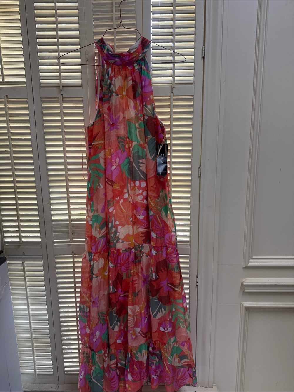 MSK Floral Halter Maxi Dress in Pink, Orange & Green